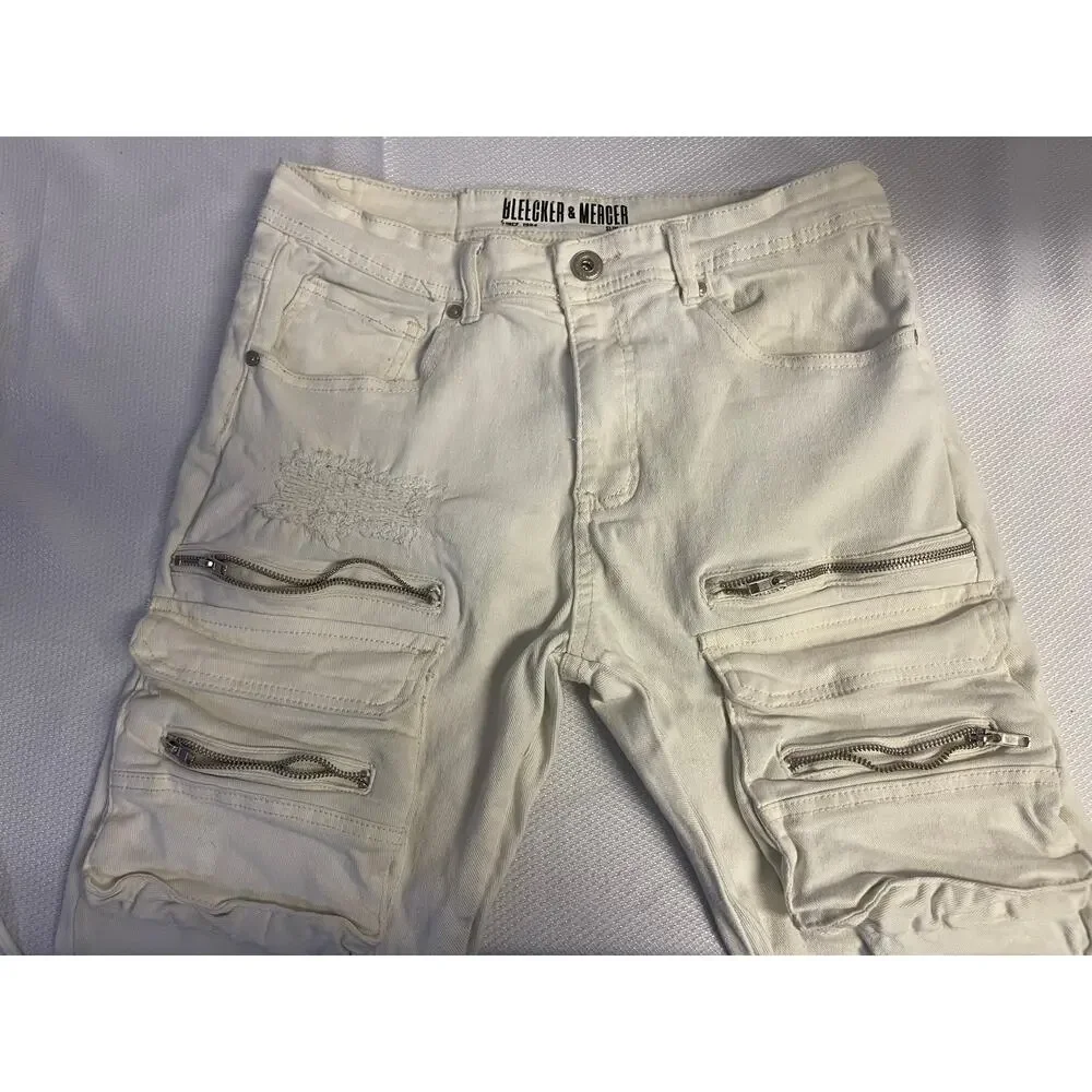 Bleecker & Mercer Men’s White Distressed Cargo Moto Jeans 32x30 Slim Fit